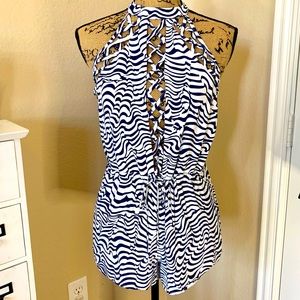 LF MILLAU : Navy & White Animal Print Halter Romper